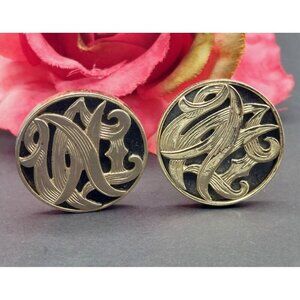 Vintage Bergere Clip On Earrings Large Circles Black Enamel & Gold Swirl Retro